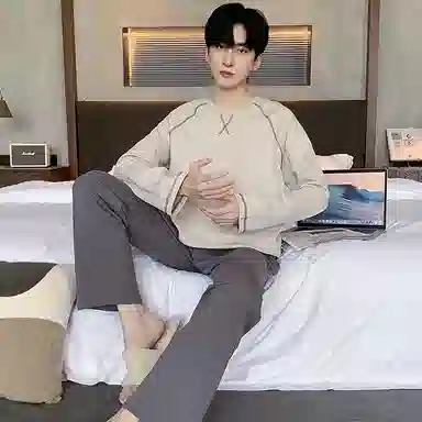 莫代尔 亲肤舒适长袖长裤套头圆领可外穿简约时尚素色睡衣套装 男款 卡其色