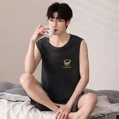 莫代尔 简约休闲舒适个性圆领套头时尚气质百搭柔软亲肤细腻背心短裤两件套家居服可外穿睡衣套装 男款