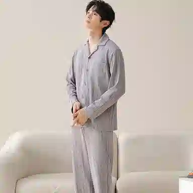 莫代尔 亲肤柔软舒适微弹透气耐磨开衫长袖弹力裤腰不勒腹可居家休闲长裤可外穿睡衣套装 男款 银色