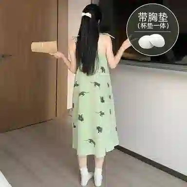 莫代尔 休闲舒适清新时尚亲肤细腻带胸垫防凸点无束缚无袖吊带可外穿家居睡裙 女款 绿色