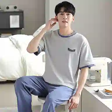 莫代尔 柔软舒适亲肤微弹透气耐磨吸湿排汗短袖松紧裤腰不勒腹长裤可居家休闲可外穿睡衣套装 男款 银色