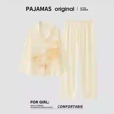 莫代尔 舒适翻领百搭亲肤细腻不易起球长袖上衣居家服可外穿长裤睡衣套装 女款 黄色