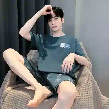 莫代尔 简约休闲透气圆领短袖上衣可外穿家居服五分裤睡衣套装 男款 孔雀绿