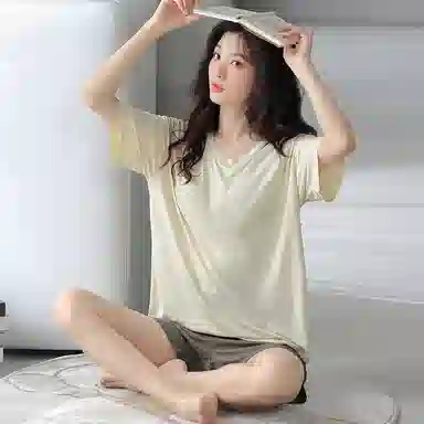 莫代尔 舒适高级感清新休闲带杯垫防凸点简约柔软透气家居服睡衣套装 女款 杏色