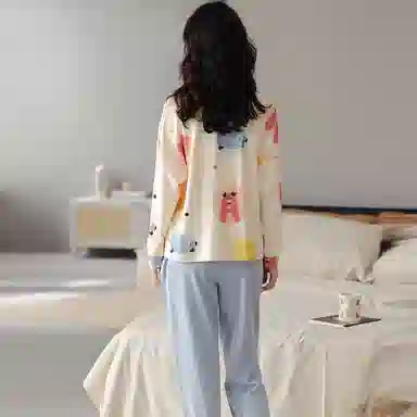 莫代尔 纯棉微弹吸湿排汗耐磨细腻舒适透气柔软亲肤轻盈可居家休闲可外穿长袖睡衣套装 女款 杏色