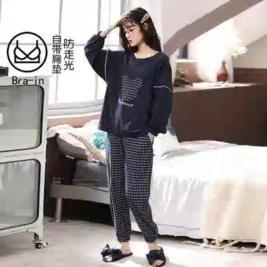 莫代尔 带胸垫防凸点柔软舒适亲肤休闲简约时尚百搭可外穿睡衣套装 女款 藏青色