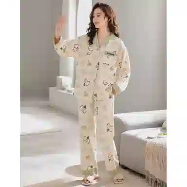 莫代尔 亲肤舒适开衫翻领长袖长裤甜美满印卡通兔可外穿睡衣套装 女款 杏色