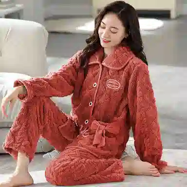 莫代尔 舒适透气宽松不臃肿显瘦亲肤细腻长袖上衣不勒腹可外穿家居服加厚保暖长裤秋冬睡衣套装 女款 橙红色
