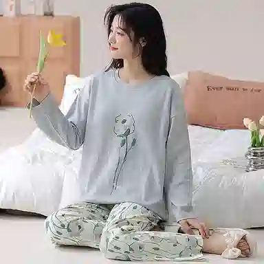 莫代尔 小清新长袖长裤带胸垫简约时尚柔软舒适透气居家可外穿睡衣套装 女款 图色