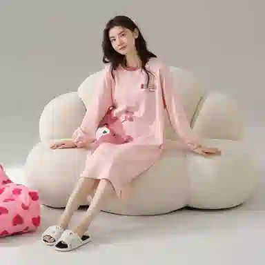 莫代尔 轻盈耐磨微弹吸湿排汗透气柔软细腻舒适亲肤可居家休闲可外穿长袖睡裙套装 女款 粉色