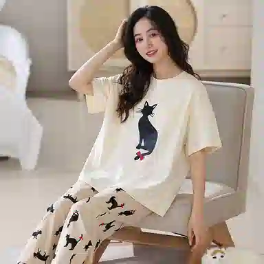莫代尔 宽松百搭舒适圆领套头时尚轻柔亲肤透气不易起球短袖长裤可外穿夏季睡衣套装 女款 杏色