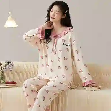 莫代尔 柔软显瘦轻盈简约亲肤韩版长袖长裤可外穿家居服睡衣套装 女款 杏色