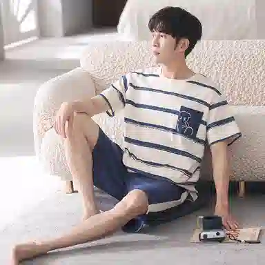 莫代尔 薄款韩版卡通条纹短袖五分裤家居服可外穿睡衣套装 男款 杏色