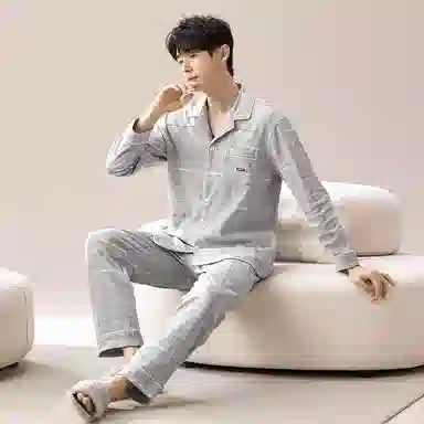 莫代尔 舒适透气柔软亲肤细腻纯棉宽松微弹耐磨开衫长袖中腰长裤可居家休闲外穿睡衣套装 男款 银色