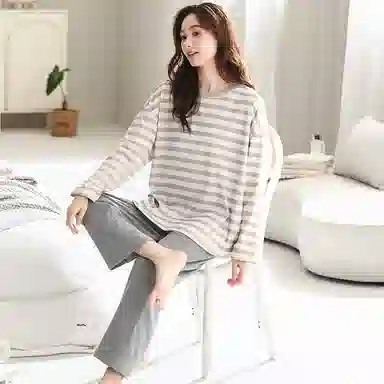 莫代尔 舒适亲肤条纹长袖长裤家居服睡衣套装 女款 灰色