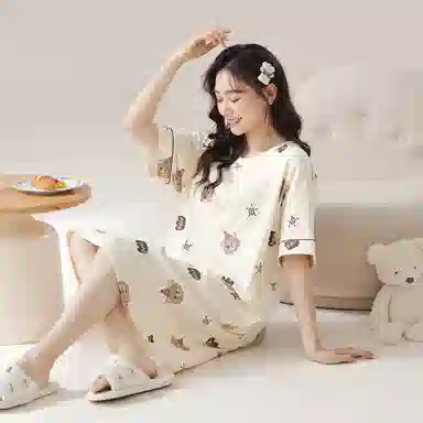 莫代尔 简约柔软舒适细腻透气耐磨微弹带胸垫防凸点亲肤休闲可外穿短袖睡裙 女款 杏色