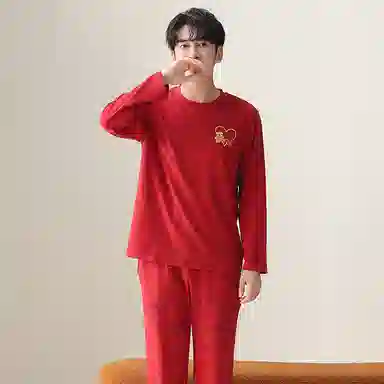 莫代尔 喜庆时尚潮流柔软青春轻薄亲肤舒适套头长袖长裤可外穿睡衣套装 男款 红色
