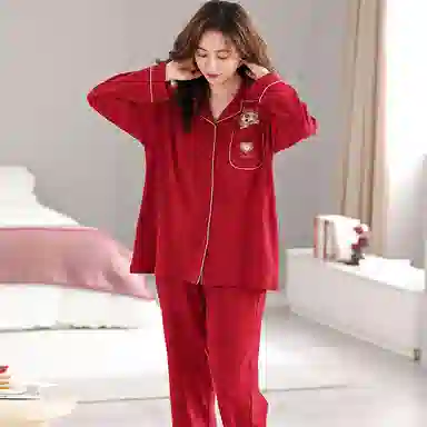 莫代尔 简约喜庆舒适亲肤翻领开衫长袖韩版甜美透气可外穿长裤睡衣套装 女款 红色