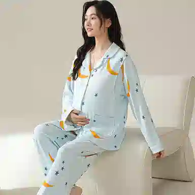 莫代尔 简约风舒适轻薄柔软温柔透气亲肤吸湿排汗翻领开衫长袖长裤家居服可外穿睡衣套装 女款 浅蓝色