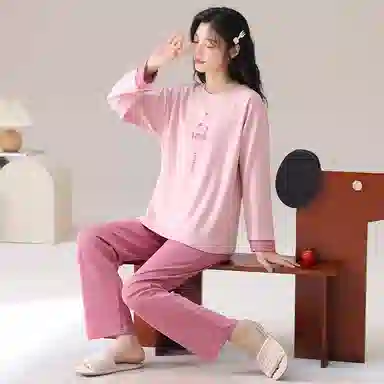 莫代尔 韩版时尚圆领套头长袖长裤简约亲肤舒适家居服可外穿睡衣套装 男女同款