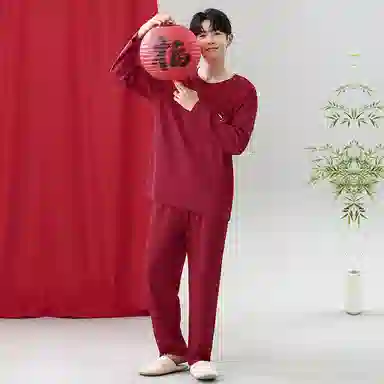 莫代尔 抗菌时尚喜庆简约轻盈微弹舒适亲肤柔软不易起球居家服可外穿睡衣套装 男款 红色