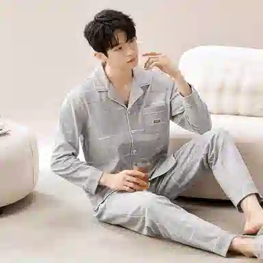莫代尔 舒适透气柔软亲肤细腻纯棉宽松微弹耐磨开衫长袖中腰长裤可居家休闲外穿睡衣套装 男款 银色