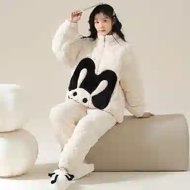 莫代尔 保暖亲肤加绒加厚舒适暖绒柔软储温蓄热卡通兔时尚韩版休闲简约拉链绒可外穿睡衣套装 男女同款