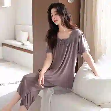 莫代尔 舒适细腻柔软亲肤大方气质优雅短袖长裤家居服可外穿睡衣套装 女款 玫瑰棕色