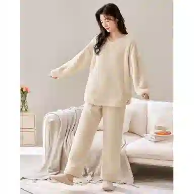 莫代尔 时尚套头圆领长袖长裤保暖亲肤舒适家居服可外穿睡衣套装 男女同款 杏色