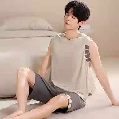 莫代尔 轻盈透气耐磨耐穿圆领休闲简约时尚舒适柔软细腻无袖五分裤睡衣套装 男款 卡其色