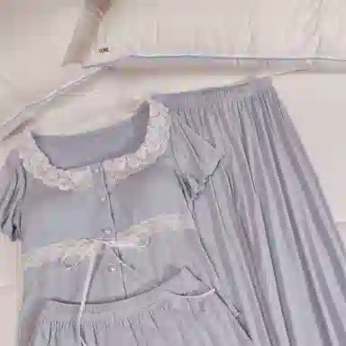 莫代尔 韩版休闲简约轻盈透气套头舒适柔软亲肤细腻带胸垫防凸点短袖家居服睡衣套装 女款