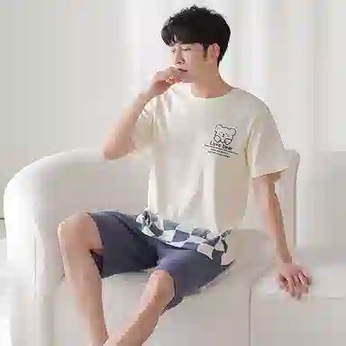 莫代尔 薄款韩版卡通小熊时尚亲肤透气短袖五分裤家居服可外穿睡衣套装 男款 杏色