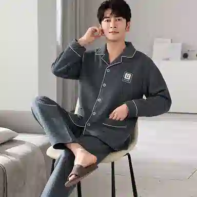 莫代尔 可外穿气质保暖储温蓄热轻熟风细腻舒适亲肤韩版时尚透气开衫翻领圆润纽扣宿舍简约休闲长袖长裤睡衣套装 男款 灰色