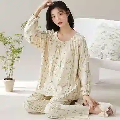 莫代尔 柔软轻盈青春透气简约微弹亲肤长袖长裤可外穿家居服睡衣套装 女款 杏色