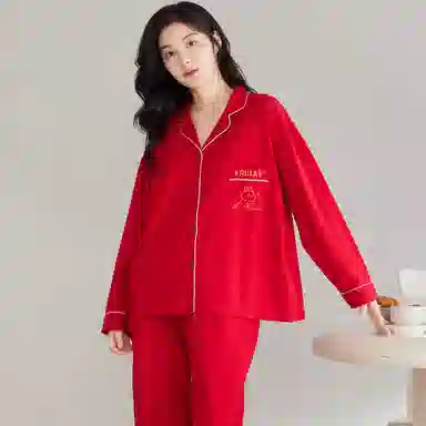 莫代尔 时尚开衫显瘦长袖长裤简约亲肤舒适家居服可外穿睡衣套装 男女同款 红色