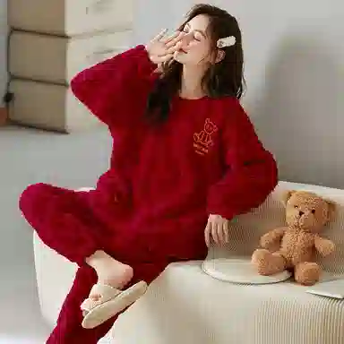 莫代尔 保暖储温蓄热防寒亲肤舒适长袖长裤套头圆领家居服可外穿睡衣套装 女款 红色