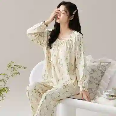 莫代尔 柔软轻盈青春透气简约微弹亲肤长袖长裤可外穿家居服睡衣套装 女款 杏色