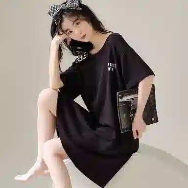 莫代尔 舒适轻柔细腻圆领百搭亲肤透气短袖睡裙 女款 黑色