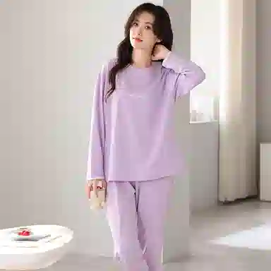 莫代尔 舒适亲肤柔软吸湿排汗轻盈微弹耐磨细腻透气长袖休闲可外穿秋冬季睡衣套装 女款 淡紫色