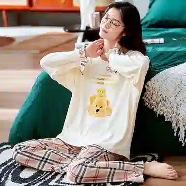 莫代尔 时尚卡通印花长袖格子长裤休闲居家学生家居服亲肤透气可外穿睡衣套装 女款 乳白色