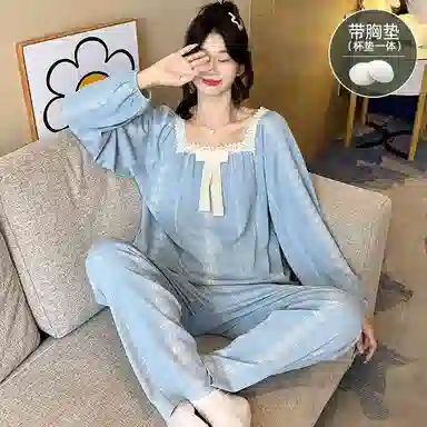 莫代尔 简约清新亲肤带胸垫防凸点方领长袖长裤甜美可外穿睡衣套装 女款 天蓝色