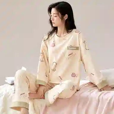 莫代尔 舒适柔软带胸垫防凸点上衣口袋透气亲肤长袖弹力裤腰不勒腹长裤可居家休闲外穿睡衣套装 女款 杏色