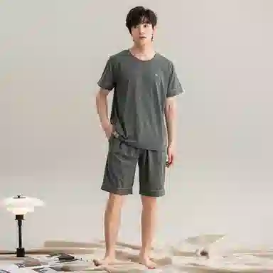 莫代尔 薄款抗菌防螨套头短袖五分裤家居服可外穿舒适简约睡衣套装 男款 橄榄绿