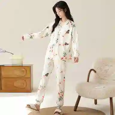 莫代尔 柔软透气吸湿排汗轻盈微弹亲肤耐磨舒适长袖长裤居家休闲可外穿睡衣套装 女款 杏色