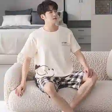 莫代尔 薄款舒适亲肤韩版卡通时尚经典短袖五分裤家居服可外穿睡衣套装 男款 杏色