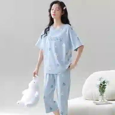 莫代尔 薄款舒适亲肤短袖七分裤韩版甜美时尚家居服睡衣套装 女款 浅蓝色