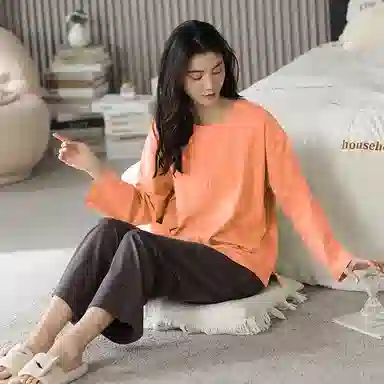莫代尔 亲肤舒适套头圆领长袖长裤家居服可外穿睡衣套装 女款 桔红色