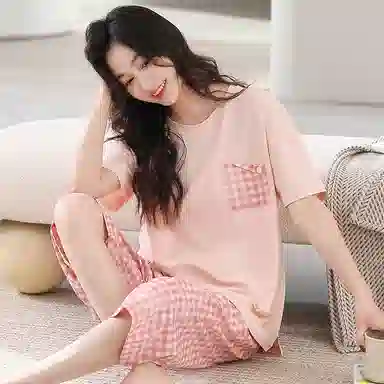 莫代尔 可外穿时尚经典休闲韩版舒适简约亲肤透气短袖七分裤家居服睡衣套装 女款 粉红色