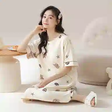 莫代尔 简约柔软舒适细腻透气耐磨微弹带胸垫防凸点亲肤休闲可外穿短袖睡裙 女款 杏色