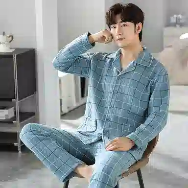 莫代尔 柔软不臃肿亲肤蓄热防寒长袖长裤秋冬季睡衣套装 男款 青色